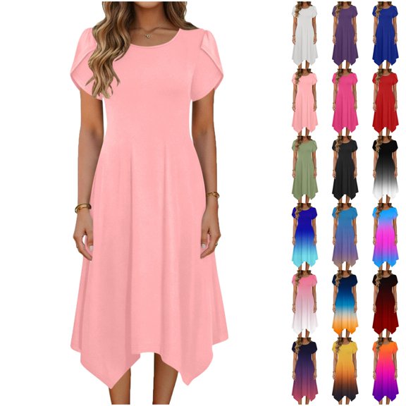 LIBRCLO Dresses for Women 2026 Crew Neck Short Sleeves Asymmetrical Hem Sundresses with Pocket Fashion Casual Summer Mid-Length Skirts