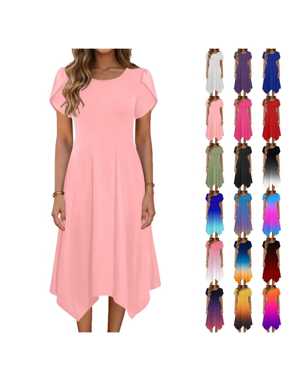 Dresses for Women 2026 Crew Neck Short Sleeves Asymmetrical Hem Sundresses with Pocket Fashion Casual Summer Mid-Length Skirts
