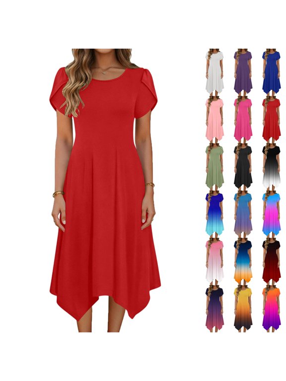 Dresses for Women 2026 Crew Neck Short Sleeves Asymmetrical Hem Sundresses with Pocket Fashion Casual Summer Mid-Length Skirts