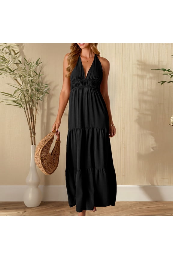 Dresses for Women V-Neck Sleeveless Halter Back Ties Sundresses Casual Solid Summer Long Skirts