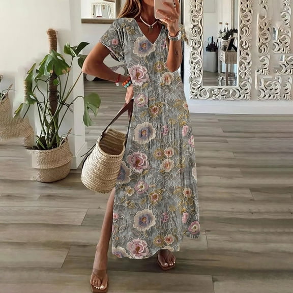 LIBRCLO Dresses for Women V-Neck Split Hem Sundresses Solid Casual Short Sleeved Beach Long Dress