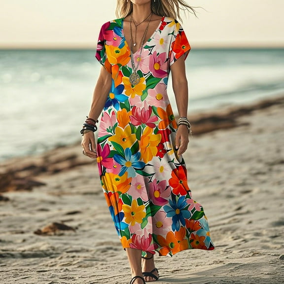 LIBRCLO Dresses for Womens Short Sleeve V-Neck Fashionable Printed Jumpsuit Long Skirt