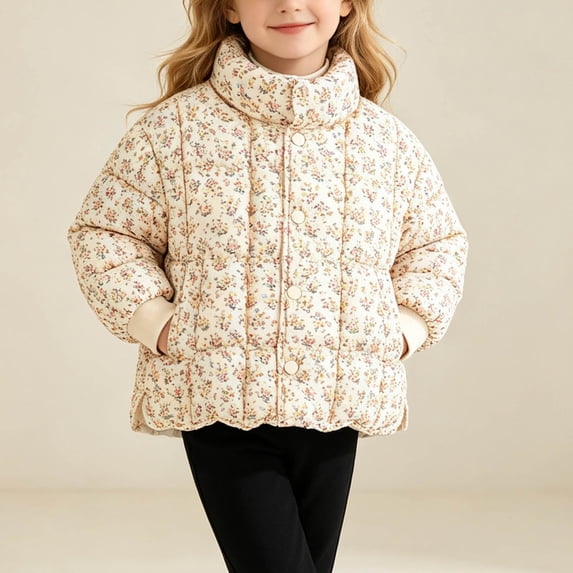LIBRCLO Floral Puffer Jackets for Girls Button Stand Collar Warm Outerwear Kids Winter Coats Size 9-10 Years