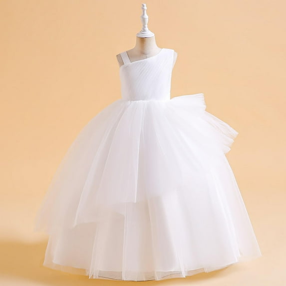 LIBRCLO Girls Tutu Dresses Sleeveless Sloping Shoulder Elegant Performance Gown, Solid Color Mesh Princess Dress for Kids