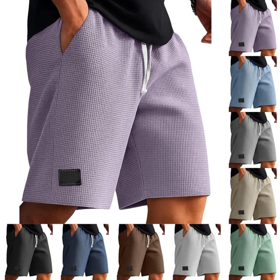 LIBRCLO Mens Shorts Drawstring Elastic Waist Waffle Shorts with Pockets Summer Solid Color Casual Fashion Loose Bottoms