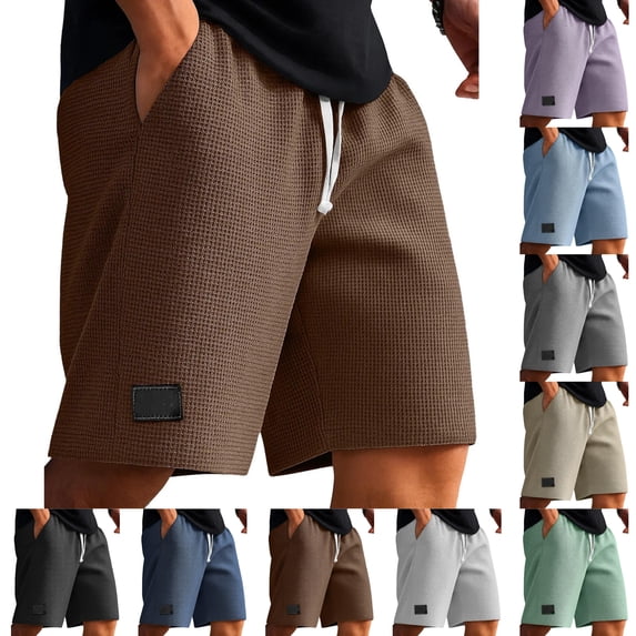 LIBRCLO Mens Shorts Drawstring Elastic Waist Waffle Shorts with Pockets Summer Solid Color Casual Fashion Loose Bottoms