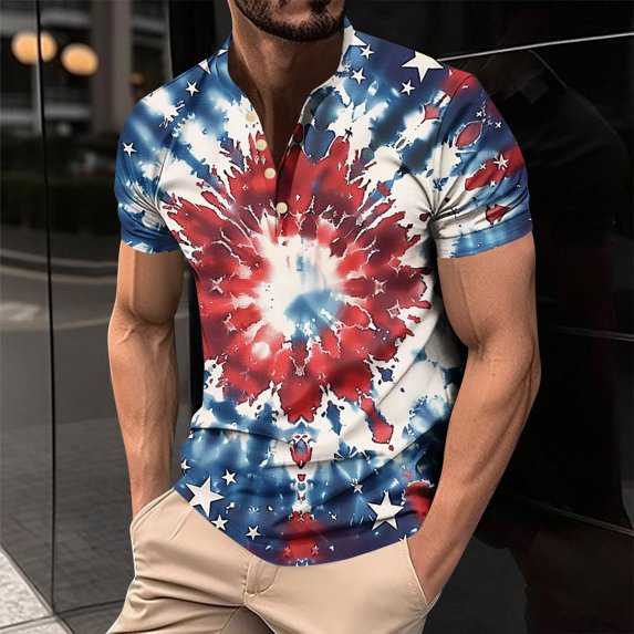 LIBRCLO Henley Shirts for Men Short Sleeve Button Down Shirts Independence Day Printing Tops