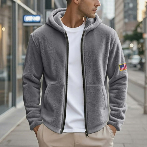 LIBRCLO Jacket for Men Fleece Comfortbale Zipper Warm Thick Coat with Pockets Solid Color Long Sleeved Outdoor Windproof Hooded Casual Outerwear for Fall Winter