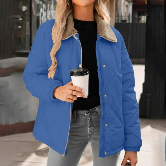 LIBRCLO Jackets for Women Winter Fashion Long Sleeve Button Short Puffer Jackets Thick Warm Comfort Outdoor Round-Neck Solid Color Jackets with Pockets
