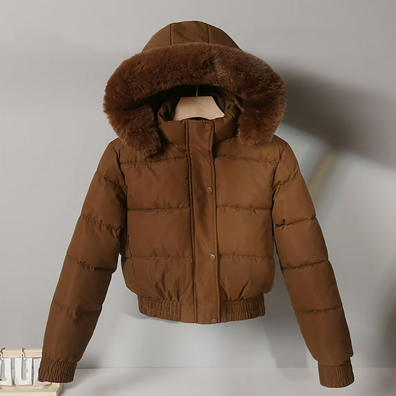 LIBRCLO Jackets for Women Winter Fashion Long Sleeve Zipper Puffer Jackets with Hood Workout Round-Neck Short Thick Warm Solid Color Comfort Jackets with Pockets