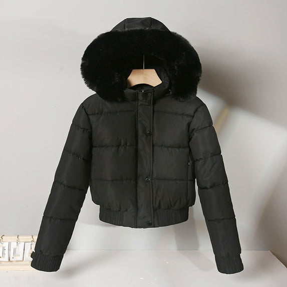 LIBRCLO Jackets for Women Winter Fashion Long Sleeve Zipper Puffer Jackets with Hood Workout Round-Neck Short Thick Warm Solid Color Comfort Jackets with Pockets