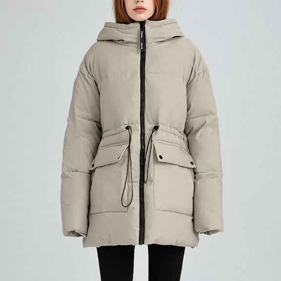 LIBRCLO Jackets for Women Winter Fashion Long Warm Solid Color Puffer Jackets with Hood Workout Long Sleeve Comfort Zipper Crew Neck Jackets with Pockets