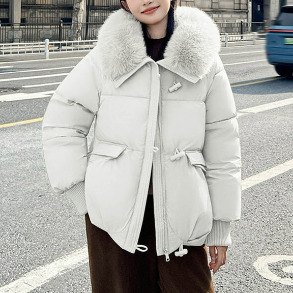 LIBRCLO Jackets for Women Winter Fashion Solid Color Zipper Crew Neck Puffer Jackets with Hood Short Workout Comfort Long Sleeve Warm Jackets with Pockets