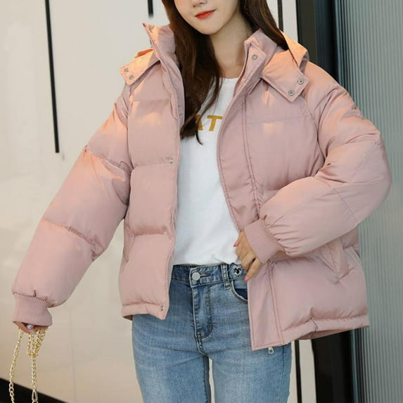 LIBRCLO Jackets for Women Winter Short Zipper Long Sleeve Outdoor Solid Color Comfort Puffer Jackets with Hood Thick Warm Fashion Round-Neck Jackets with Pockets