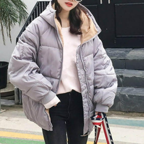 LIBRCLO Jackets for Women Winter Thick Long Sleeve Fashion Puffer Jackets with Hood Comfort Long Zipper Outdoor Solid Color Round Neck Jackets with Pockets