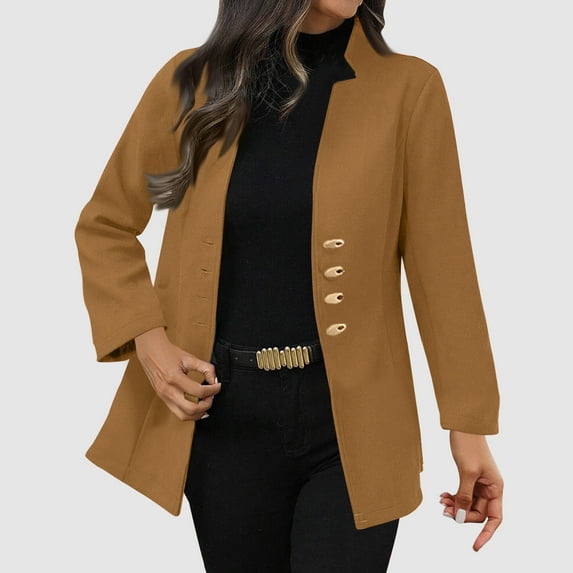LIBRCLO Jackets for Women Thick Casual Woolenen Coat Hoodless Solid Color Long Sleeve Fitness Collared Button Soft Outwear