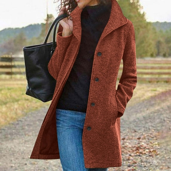 LIBRCLO Jackets for Women with Pockets Collared Soft Fitness Woolenen Coat Hoodless Casual Button Thick Long Sleeve Solid Color Outwear for Fall