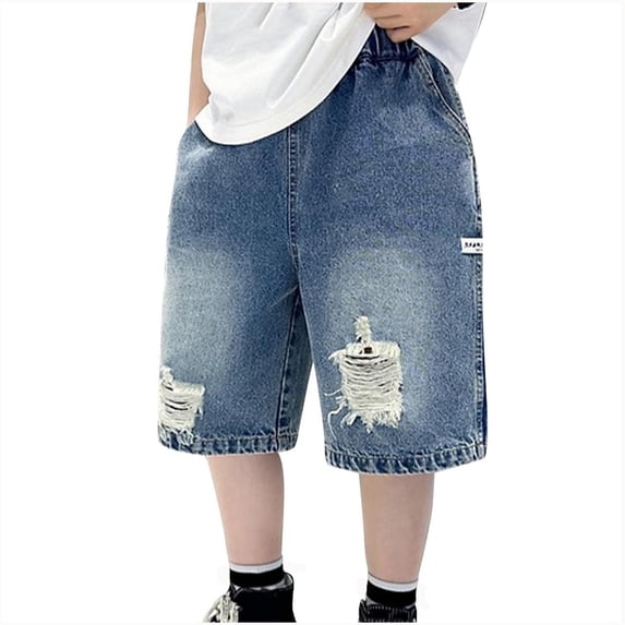 LIBRCLO Jean Shorts for Boys Size 13 Years with Pockets Lightweight Breathable Stretch Ripped Denim Shorts Light Blue
