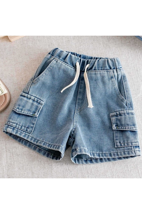 Jean Shorts for Boys Size 5-6 Years with Multiple Pockets Drawstring Casual Denim Cargo Shorts Blue