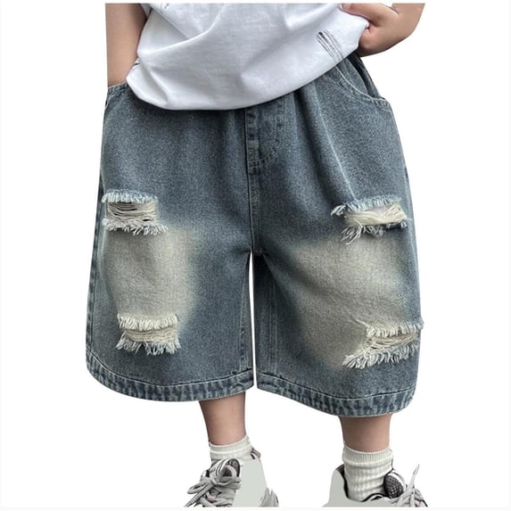 LIBRCLO Jean Shorts for Boys Size 7 Years with Pockets Casual Breathable Stretch Ripped Denim Shorts Blue