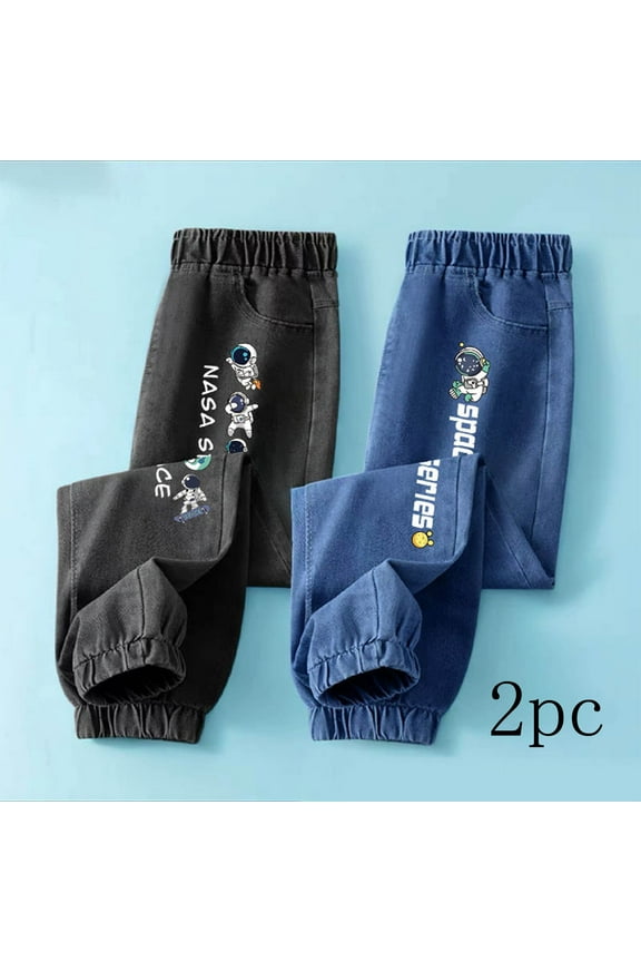 2PC Kids Jeans for Boys Comfort Elastic Bottom Waist Graphic Casual Denim Pants Size 9 Years