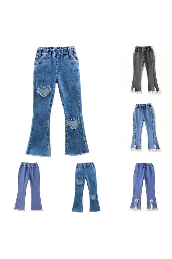 Girls Jeans Elastic Waist Flare-Leg Denim Pants with Pockets Slim-Straight Lace Jeans for Kids Clothes Size 4 Years
