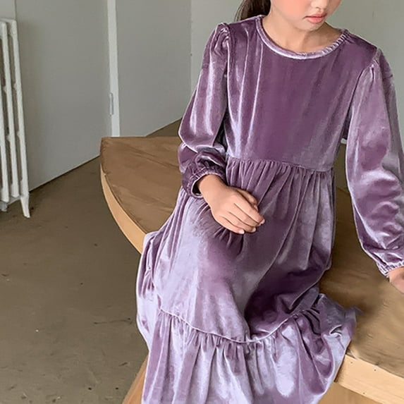 LIBRCLO Kids Girls Dresses Long Sleeve Velvet Casual Solid Color Derss, Holiday Crew Neck Daily Wear for Spring Fall