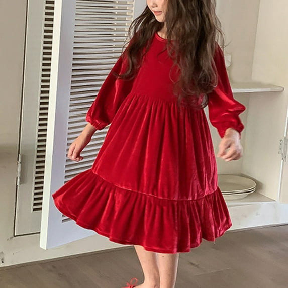 LIBRCLO Kids Girls Dresses Long Sleeve Velvet Casual Solid Color Derss, Holiday Crew Neck Daily Wear for Spring Fall