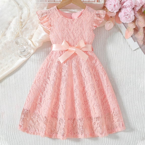 LIBRCLO Kids Princess Dress Flutter Sleeves Crew Neck Fashion Tulle Dress for Birthday Party Bowknot Midi Cute Tutu Dress for Girls
