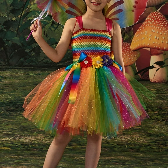 LIBRCLO Kids Tutu Dresses for Girls Rainbow Fairy Sequin Gown, Princess Performance Mesh Dance Costume Spring Summer