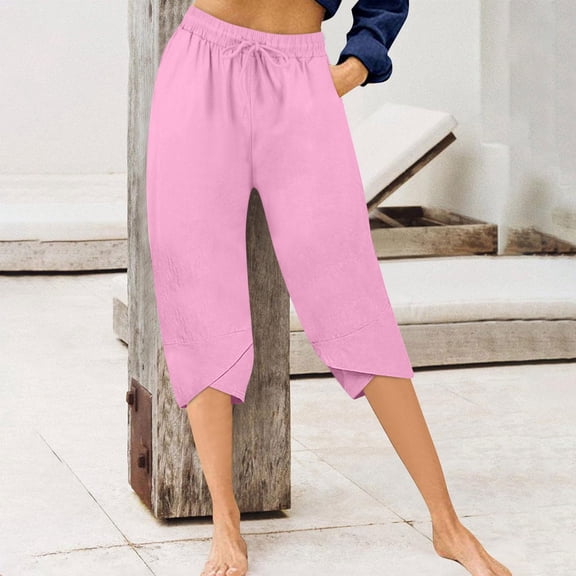 LIBRCLO Linen Pants for Women Capris Drawstring Solid Elastic Waist Pants Summer Lightweight with Pockets Trouses
