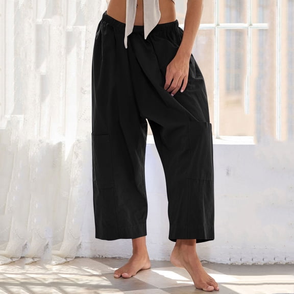 LIBRCLO Linen Pants for Women Summer Loose Baggy Pocket Pants Fashion Playsuit Cropped Trousers