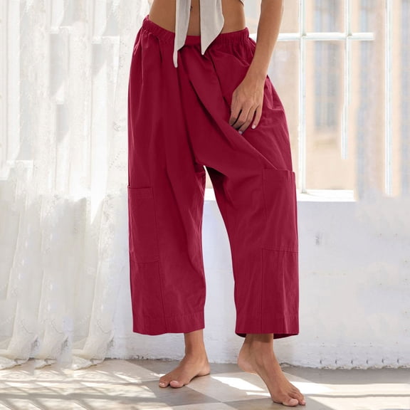 LIBRCLO Linen Pants for Women Summer Loose Baggy Pocket Pants Fashion Playsuit Cropped Trousers
