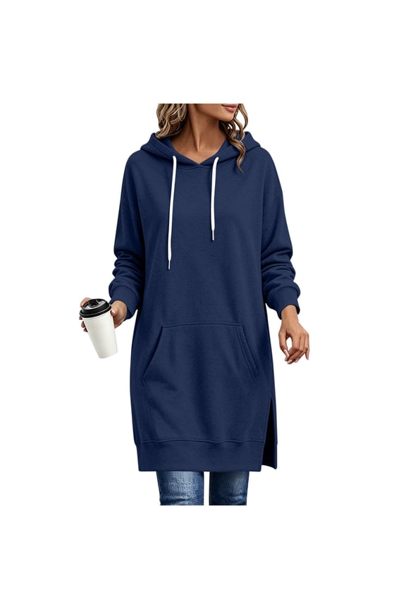 Long Hoodies for Women, Side Slit Hem Casual Sweatshirts with Pockets Drawstring Hooded