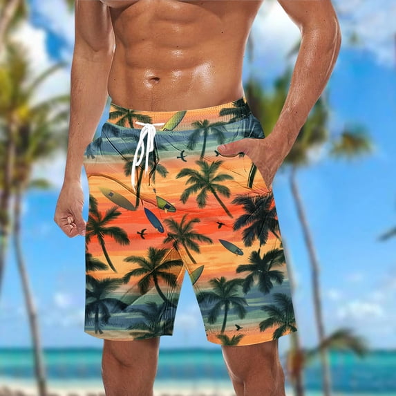LIBRCLO Mens Beach Shorts Quick Dry Bathing Suits Summer Hawaiian Print Swim Trunks Lightweight Swimsuit Breathable Athletic Board Shorts Orange S