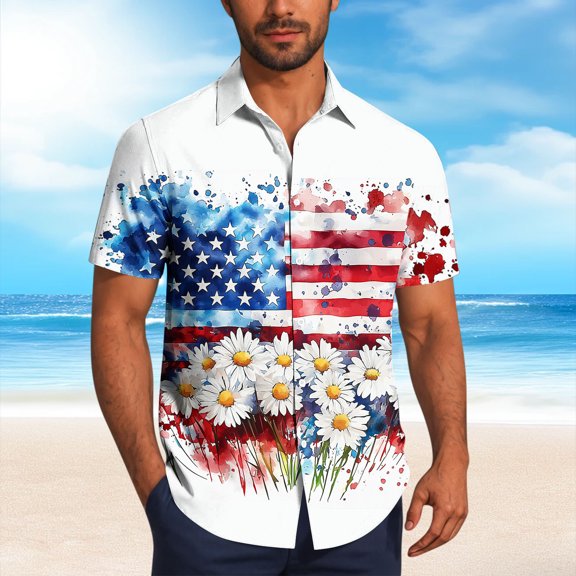 LIBRCLO Mens Button Down Shirts Short Sleeve Casual 250th Anniversary Shirts with Fashion Independence Day Printing