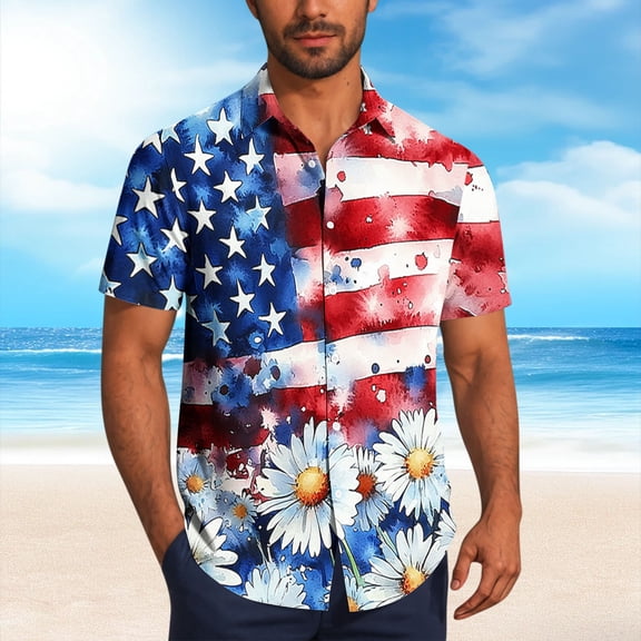 LIBRCLO Mens Button Down Shirts Short Sleeve Casual 250th Anniversary Shirts with Fashion Independence Day Printing