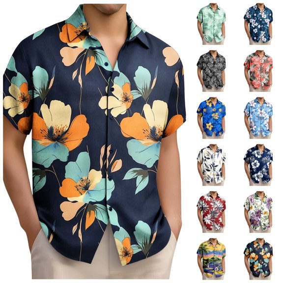 LIBRCLO Hawaiian Shirt for Men Print Short Sleeve Flannel Tops Summer Tropical Vacation Beach Shirts 