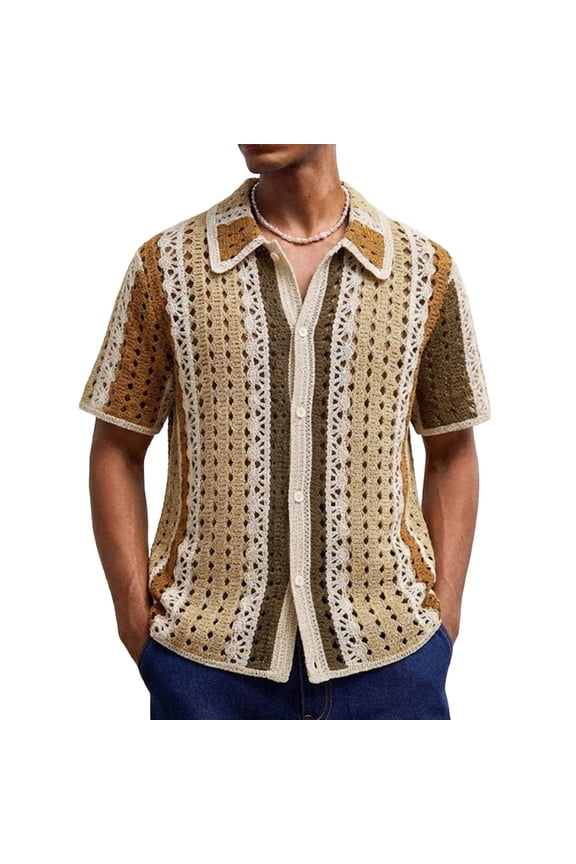 Mens Button Down Shirts Short Sleeve Openwork Knit Sweater Casual Breathable Shirts Lapel Tops for Summer Party