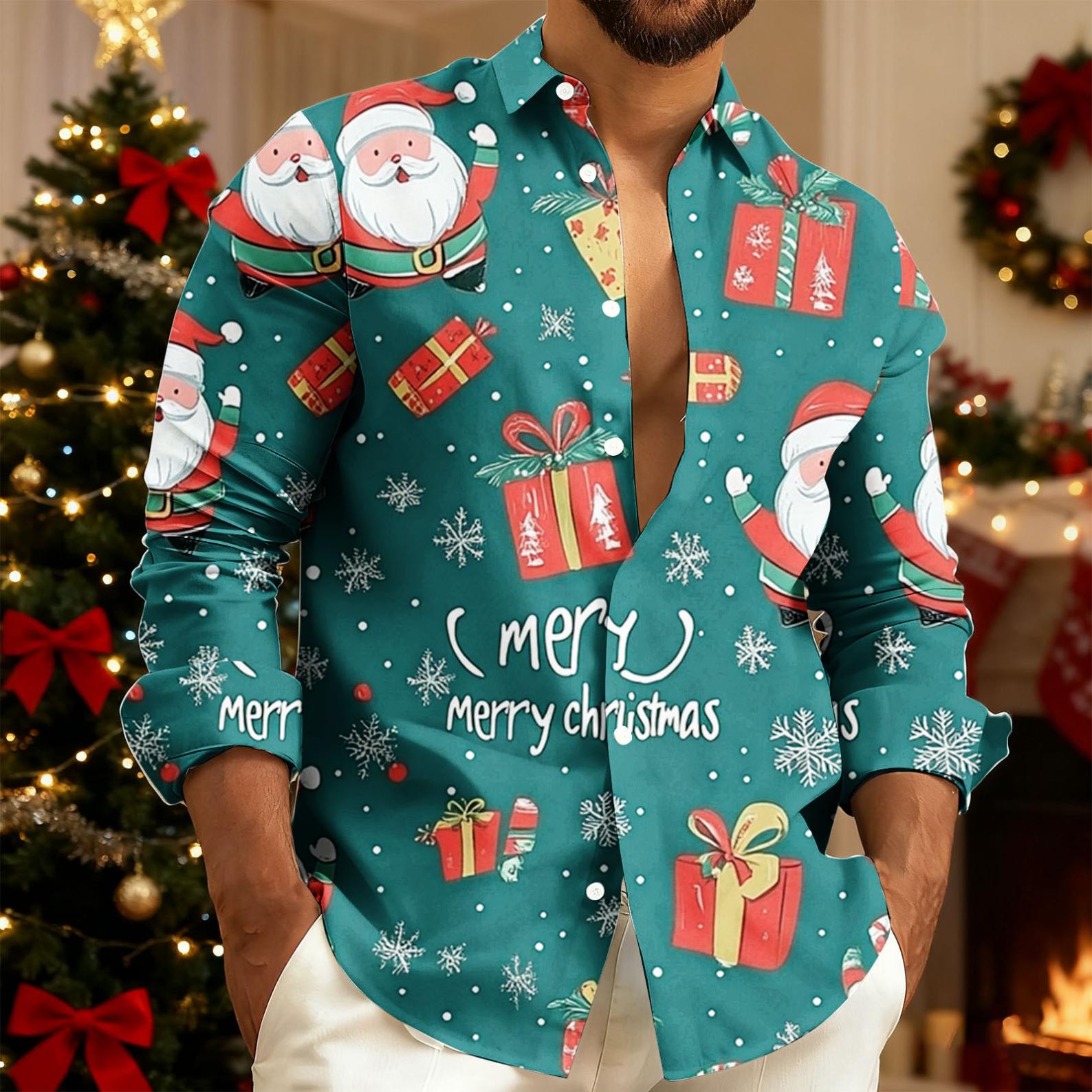 LIBRCLO Mens Button-Up Shirts Long Sleeve Christmas Graphic Tees for ...