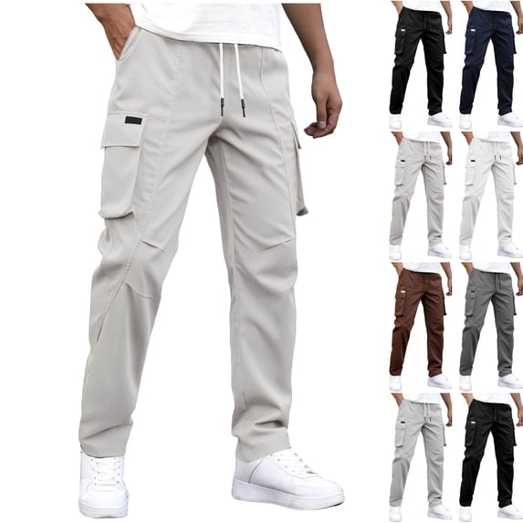 LIBRCLO Mens Cargo Pants Elastic Waist Straight Leg Pants Solid Color Casual Trousers with Multiple Pockets, Beige