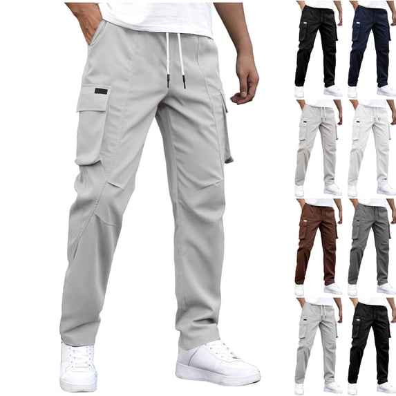 LIBRCLO Mens Cargo Pants Elastic Waist Straight Leg Pants Solid Color Casual Trousers with Multiple Pockets, Gray