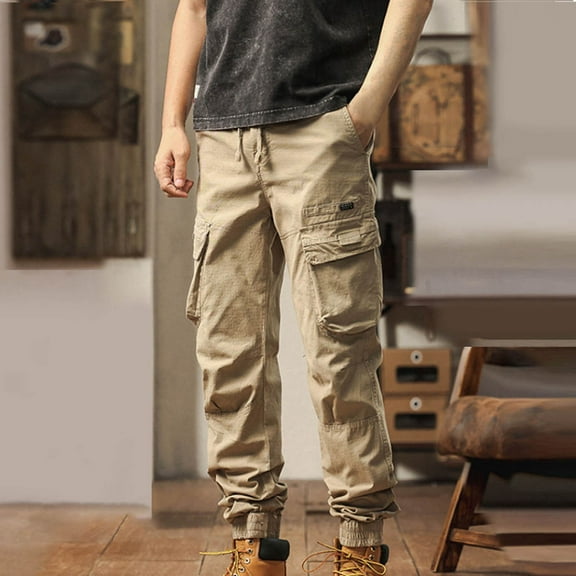 LIBRCLO Mens Cargo Pants Fashion Multi Pocket Drawstring Elastic Waist Bottom Outdoor Fall Solid Color Casual Workwear Pants