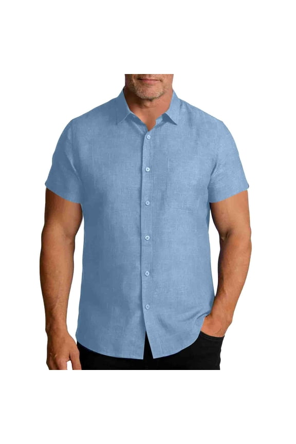 Mens Casual Button Down Shirts Long Sleeve Classic Fit Shirts Solid Color Lapel Tops with Pocket for Summer Vacation