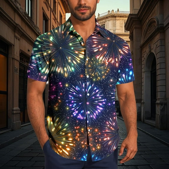 LIBRCLO Mens Casual Button Down Shirts Short Sleeve Fashion Fireworks Printing Shirts Turndown Collar Tops for Summer Party