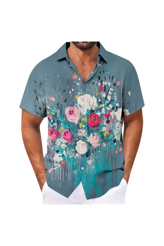 Mens Casual Button Down Shirts Short Sleeve Hawaiian Style Printing Fashion Holiday Beach Tops