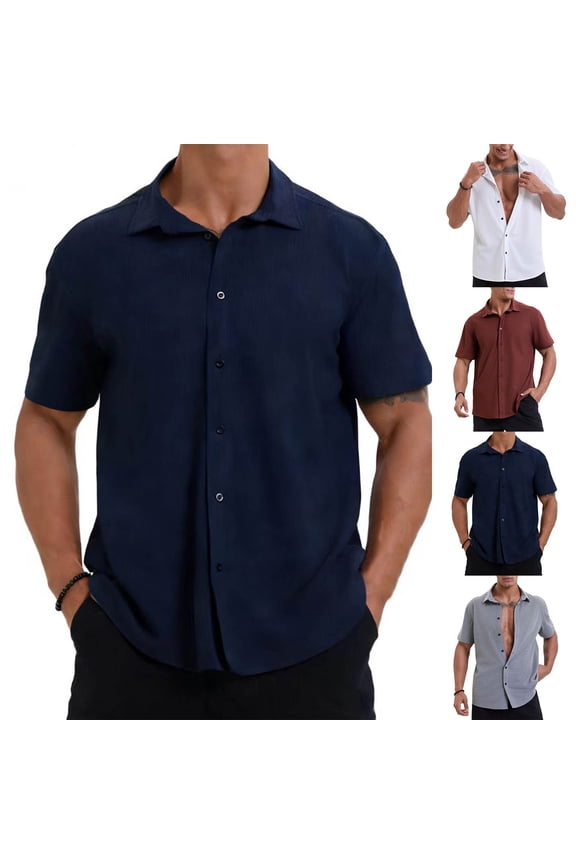 Mens Casual Button Down Shirts Short Sleeve Lightweight Breathable Shirts Solid Color Lapel Tops