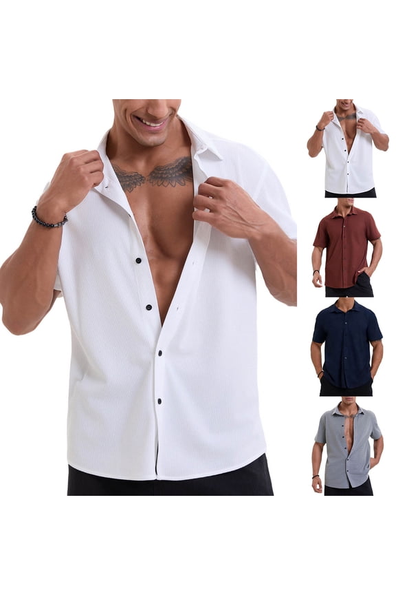 Mens Casual Button Down Shirts Short Sleeve Lightweight Breathable Shirts Solid Color Lapel Tops