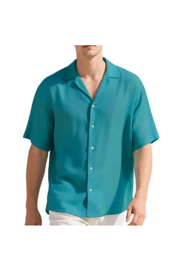 Mens Casual Button Down Shirts Short Sleeve Solid Color Shirts Classic Comfy Lapel Tops