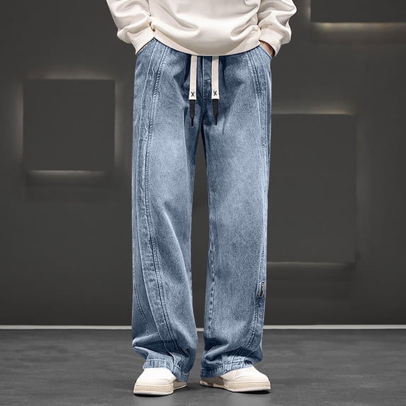 LIBRCLO Mens Jeans Elastic Waist Straight Leg Drawstring Jeans Fashion Casual Denim Pants with Pockets